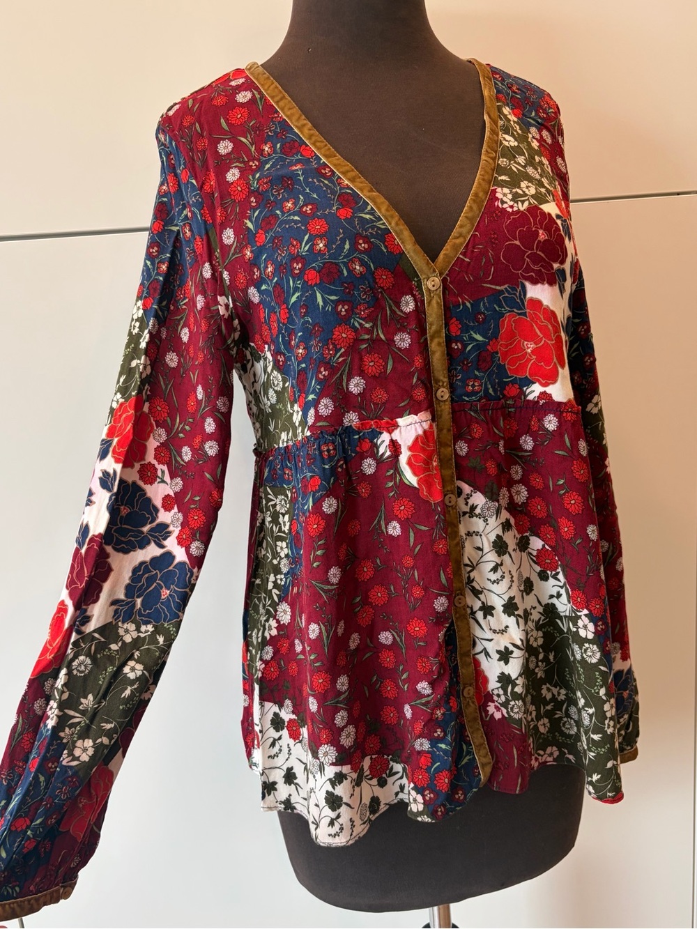 Boho Floral Patchwork Print Peasant Blouse Mustard Velvet Trim S/M